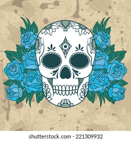 Vector isolated illustration of a skull with roses and leaves. Grunge background with drops and splashes