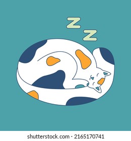 Vector isolated illustration of a sleeping spotted white cat. Minimal art style. Teal green background