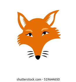 Vector isolated illustration of a sly fox head made in cartoon flat style. Head, eyes, nose, whiskers, red fur, ears, muzzle
