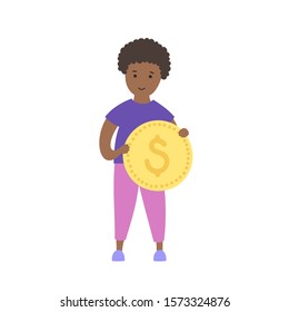 Vector isolated illustration of smiling boy holding coin. Budget planning. Child finance education symbol. Investment, saving symbol. Financial safety, investment building concept.