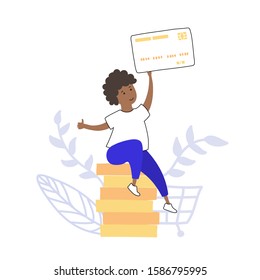 Vector isolated illustration of smiling boy holding debit or credit card. Finance education symbol. Investment, saving symbol. Kid saving money for the future concept. Coin stacks sign.