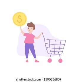 Vector isolated illustration of smiling boy holding coin and shopping basket. Budget planning. Finance education symbol. Shopping child character. 