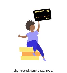 Vector isolated illustration of smiling boy holding credit card and coin. Budget planning. Child finance education symbol. Investment, saving symbol. Financial safety, investment building concept.