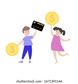 Vector ilustra aisladamente a un niño y una niña sonrientes sosteniendo una moneda y una tarjeta. Planificación presupuestaria. Símbolo de educación sobre finanzas infantiles. Guardando símbolo. Seguridad financiera, concepto de personajes de dinero.