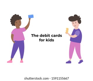 Vector isolated illustration of smiling boys holding card and coin stacks. Budget planning. Child finance education symbol. Investment, saving symbol. Financial safety, investment building concept.