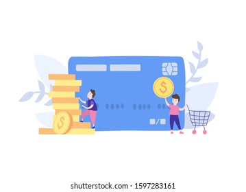 Vector ilustración aislada de niños sonrientes con tarjetas y pilas de monedas. Planificación presupuestaria. Símbolo de educación financiera infantil. Inversión, símbolo de ahorro. Seguridad financiera, concepto de construcción de inversiones.