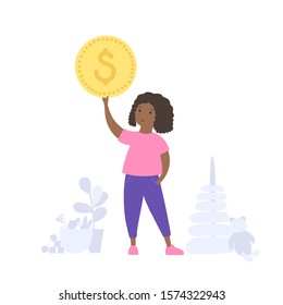 Vector isolated illustration of smiling girl holding coin. Budget planning. Finance education symbol. Investment, saving symbol. Financial safety, kids with money characters concept.