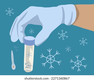 Vector isolated illustration of sperm freezing. Sperm in a test tube. A man's hand holds a test tube with sperm.