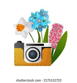 Vector isolated illustration with spring flowers bouquet with vintage, retro camera. Concept of the time of spring, romance, Valentine s Day, holiday, jewelry, accessories.