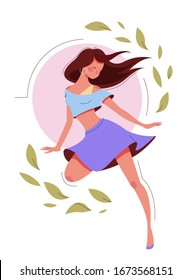 Vector isolated illustration with spring leaves and slim, thin young happy beautiful cute girl in fashion purple skirt grace dance, jump, run. Flat cartoon style in pastel colors