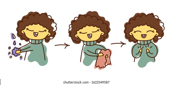 Vector isolated illustration step by step instructions for a child: wash hands, wipe with a towel. Hygiene, cleanliness, education, health. Asian curly baby, eastern appearance. Hygiene Day.