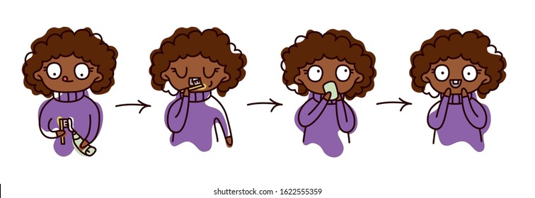 Vector isolated illustration step by step instructions for a child: brushing your teeth, rinsing your mouth. Hygiene, cleanliness, education, health. African curly baby. Hygiene Day.