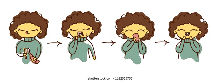 Vector isolated illustration step by step instructions for a child: brushing your teeth, rinsing your mouth. Hygiene, cleanliness, education, health. Asian child, eastern appearance. Hygiene Day.