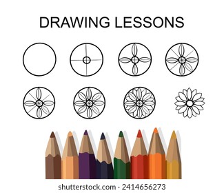 Ilustración vectorial aislada de un dibujo paso a paso de una flor. Dibujar lecciones.