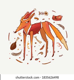 Vector isolated illustration, sticker for new year and Christmas. Christmas dressed up Fox in a Santa Claus hat thinks about his gifts and wishes for the holiday