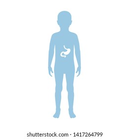 Vector Isolated Illustration Of Stomach Anatomy In Boy Body. Human Digestive System Icon. Healthcare Medical Center, Surgery, Hospital, Clinic, Diagnostic Logo. Internal Child Organ Design. Donation 