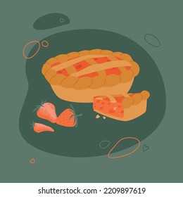 Vector isolated illustration. Strawberry pie with fresh strawberries. Flat style illustration for menu, banners, books, prints etc.