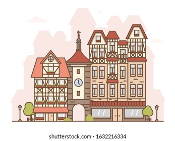 Vector isolated illustration of a street of a German city in flat style. Street with historical gothic architecture and attractions. Chapel with an arch, boutiques and shops. Travel to Europe