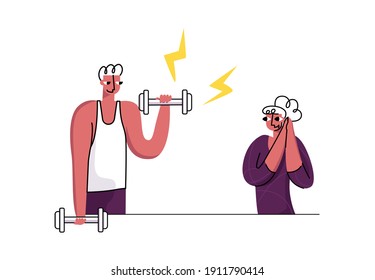 Vector isolated illustration strong man doing exercises with dumbbells and woman admiring him. Concept healthy lifestyle, fitness, strength sports.