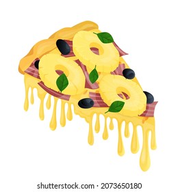 Vektor einzelne Illustration im Stil von Cartoon mit einem Stück köstlicher Pizza mit runden Ananas-Scheiben, Käse, Schinken, Oliven und Basilikum.  Hawaiianische Pizza. Das Konzept Snack, Fast Food.