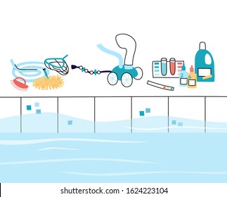 Vector isolated illustration of the swimming poo  care tools and equipment. Brush, vacuum cleaner, algaecide, chlorine, chemicals. Banner. Swimming pool maintenance 