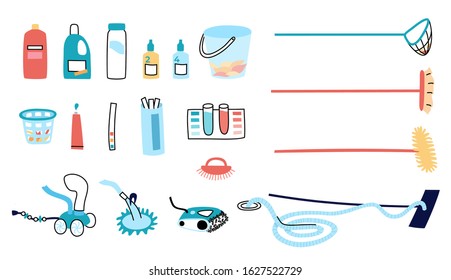 Vector isolated illustration of the swimming poo  care tools and equipment. Brush, vacuum cleaner, algaecide, chlorine, chemicals. Banner. Swimming pool maintenance 