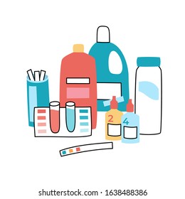 Vector isolated illustration of the swimming poo  care tools and equipment. Brush, vacuum cleaner, algaecide, chlorine, chemicals. Banner. Swimming pool maintenance 