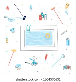 Vector isolated illustration of the swimming pool care tools and equipment. Brush, vacuum cleaner, algaecide, chlorine, chemicals. Swimming pool maintenance 