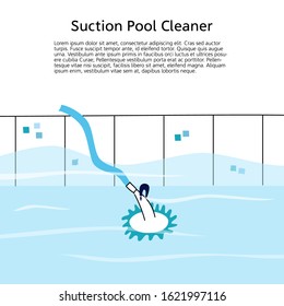 Vector isolated illustration of the swimming pool automated suction type vacuum cleaner. Banner with text place. Swimming pool maintenance 