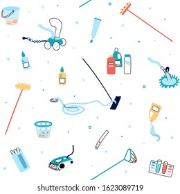 Vector isolated illustration of the swimming pool care tools and equipment. Brush, vacuum cleaner, algaecide, chlorine, chemicals. Seamless pattern. Swimming pool maintenance 
