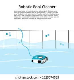 Vector isolated illustration of the swimming pool automated robotic type vacuum cleaner. Banner with text place. Swimming pool maintenance