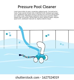 Vector isolated illustration of the swimming pool automated pressure type vacuum cleaner. Banner with text place. Swimming pool maintenance