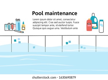 Vector isolated illustration of the swimming pool care tools and equipment. Brush, vacuum cleaner, algaecide, chlorine, chemicals. Seamless pattern. Swimming pool maintenance 