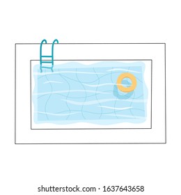 Vector isolated illustration of the swimming pool with floating yellow ring and stairs. top view