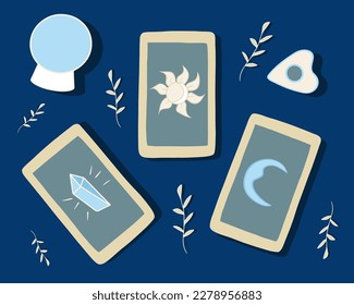 Vector isolated illustration of tarot card layout. Divination on cards. Prediction of the future.