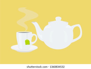Vector Isolated Illustration of a Tea  Pot and a Tea Cup with a Tea Bag 