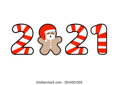 Vector isolated illustration template (for sticker label or banner) with gingerbread man with red Santa Claus' hat and 2021 year text. New year and Christmas concept is in white and red colors.