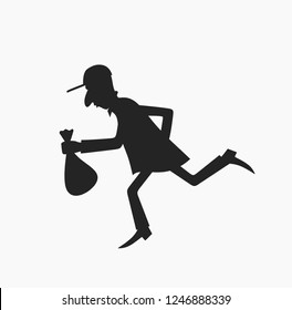 Vector isolated illustration thief with bag of money, in dark suit, stole, robber runs, on white background, in black mask, criminal in flat style