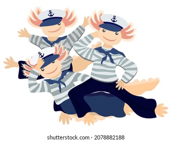 Vector isolated illustration of three axolotls in the clothes of sailors, dancing hornpipe dance.