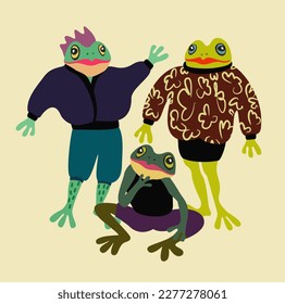 Vector isolated illustration of three cute frogs in fashionable wear.