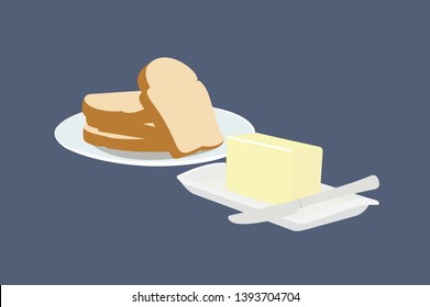 Vector Isolated Illustration of Toasts in a Plate, with Butter and a Knife