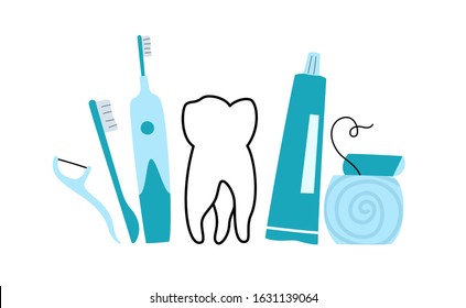 Vector isolated illustration of tooth and accesories. Concept of tooth cleaning, care and protection from tooth decay. Teeth icon. Medical banner or poster illustration. Oral Health