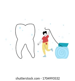 Ilustración aislada del vector de los hilos dentales dentarios e infantiles. Concepto de limpieza dental, cuidado y protección contra la caries dental. Icono de los dientes. Cartel médico o ilustración del afiche. Salud oral