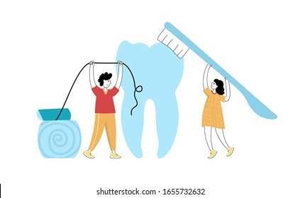 Vector Isolated Illustration Of Tooth And Children Holding Toothbrush And Dental Floss. Concept Of Teeth Cleaning, Care And Protection From Tooth Decay. Medical Banner Or Poster Illustration. 