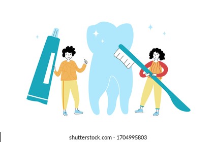 Vector isolated illustration of tooth and children holding toothbrush and paste. Concept of teeth cleaning, care and protection from tooth decay. Medical banner or poster illustration. 