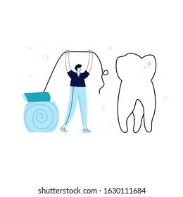 Vector isolated illustration of tooth and doctor holding floss. Concept of tooth cleaning, care and protection from tooth decay. Teeth icon. Medical banner or poster illustration. Oral Health