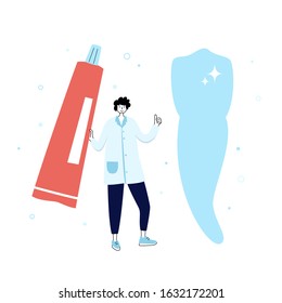 Vector isolated illustration of tooth and doctor holding toothpaste. Concept of tooth cleaning, care and protection from tooth decay. Teeth icon. Medical banner or poster illustration. Oral Health