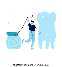 Vector isolated illustration of tooth and doctor holding floss. Concept of tooth cleaning, care and protection from tooth decay. Teeth icon. Medical banner or poster illustration. Oral Health