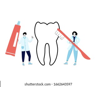 Vector isolated illustration of tooth and doctor holding toothpaste and dental floss. Concept of teeth cleaning, care and protection from tooth decay. Medical banner or poster illustration. 