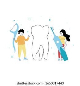 Ilustración aislada del vector de cepillo de dientes y de hilo dental. Concepto de limpieza de dientes, cuidado y protección contra la caries dental. Cartel médico o ilustración del afiche. 